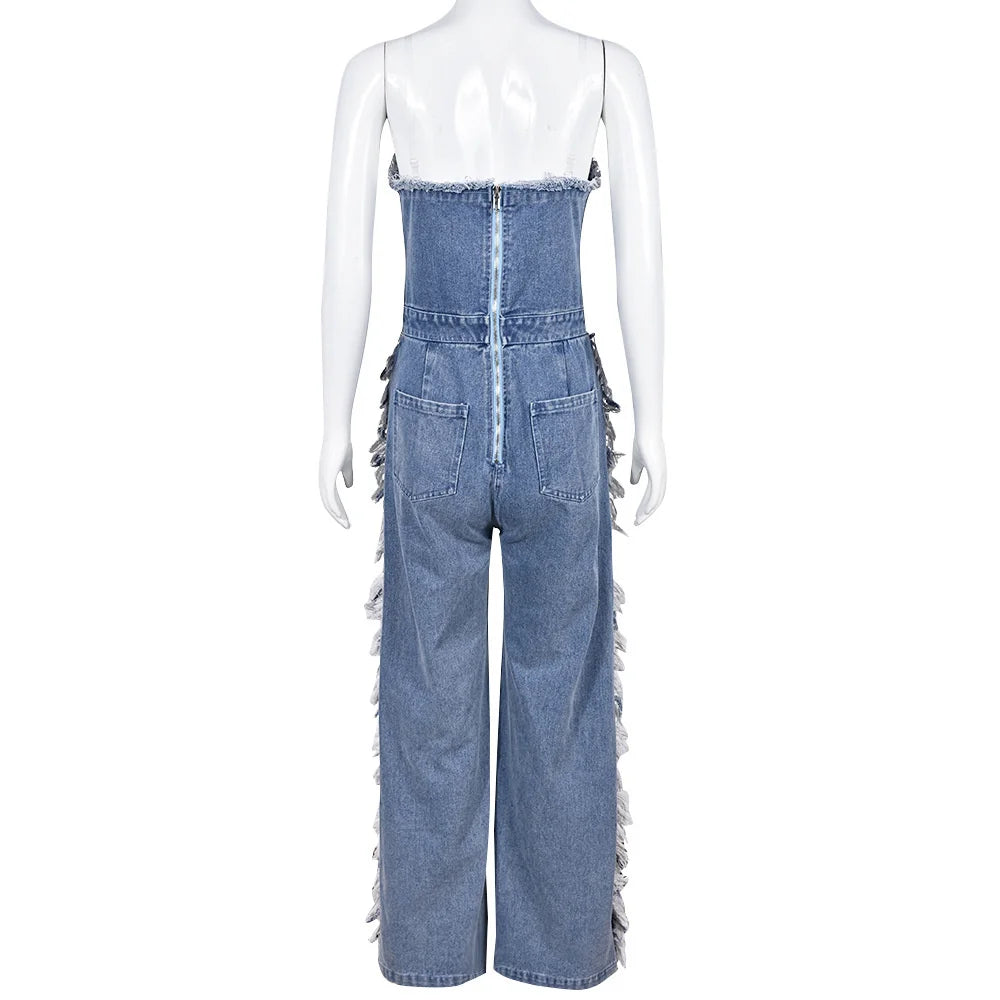 Sibybo Tassel Hollow Out  Overalls For Women Studded Diamond Strapless Backless Jeans Street Fashion Trend Jumpsuite Femme