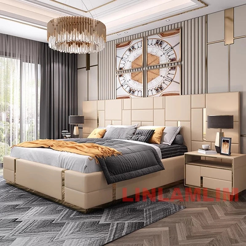 MANBAS Luxury Modern King Size Bed with Soft Upholstered Headboard and Storage Nightstands - Genuine Leather Bedroom Furniture
