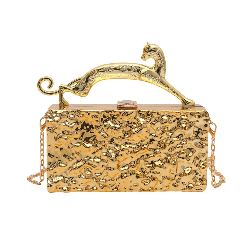 Leopard handle Luxury Gold Silver Party Evening Bag For Women Chain Clutch Handbags And Purses Mini Crossbody Shoulder Phone Bag