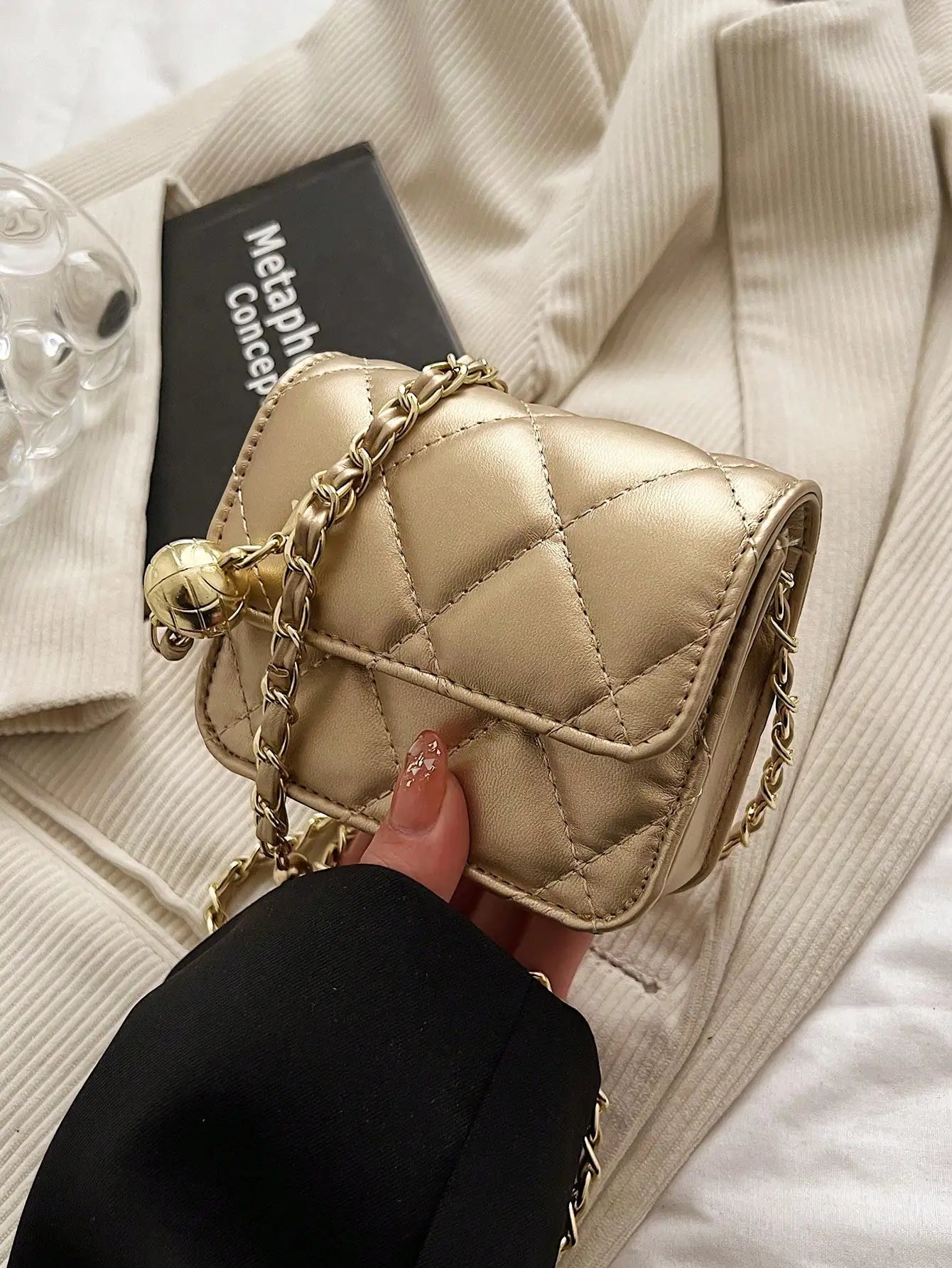 Simple And Versatile Texture Mini Bag With Gold Ball Chain Strap Shoulder Bag Crossbody Bag 	Purse Women's Bag