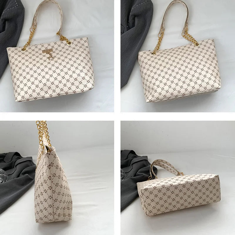 Luxury Old Money Tote Bag - Printed PU with Metal Chain Strap,Spacious & Lightweight for Women Commuting Travel