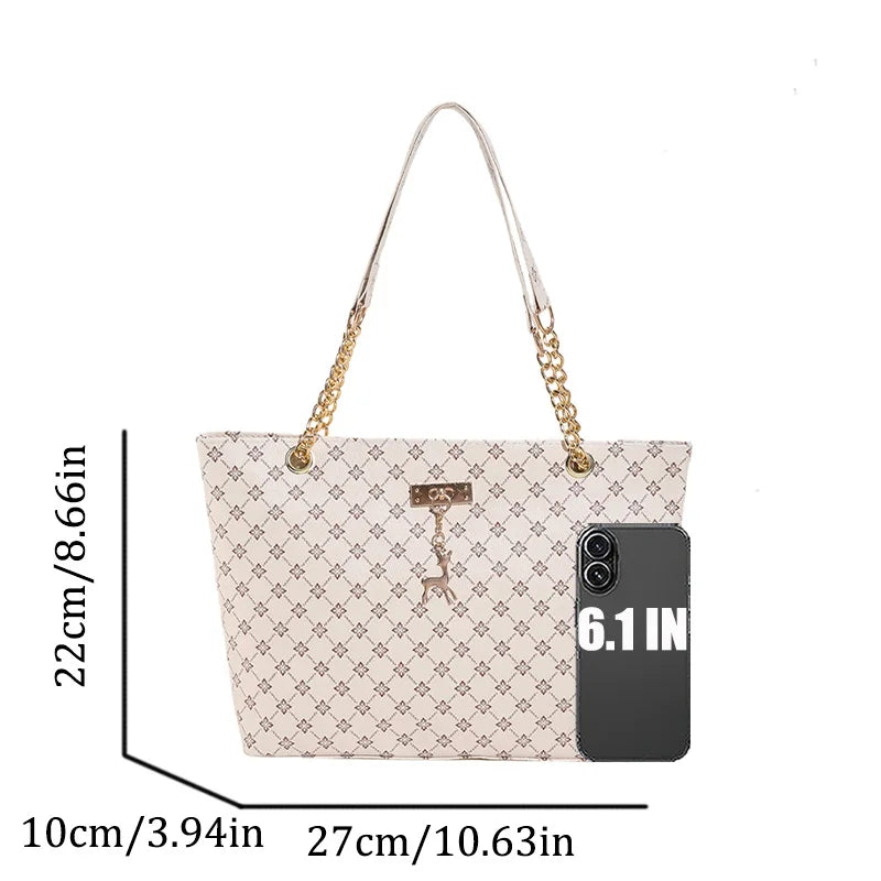 Luxury Old Money Tote Bag - Printed PU with Metal Chain Strap,Spacious & Lightweight for Women Commuting Travel