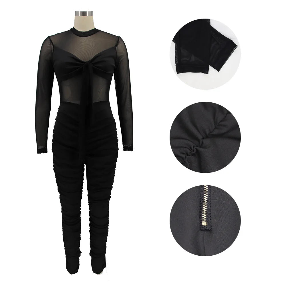 Sexy Mesh Patchwork Jumpsuits for Women Elegant Long Sleeve Bandage One Piece Party Long Bodysuit