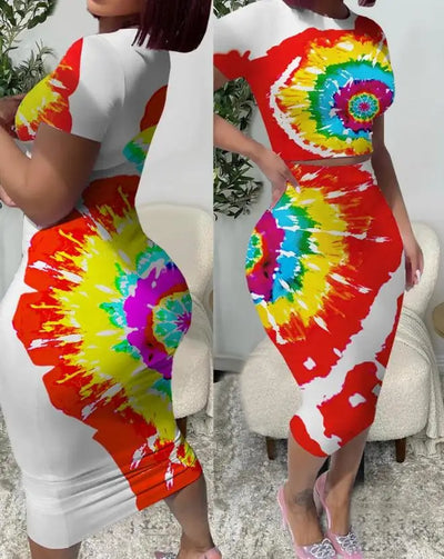 Summer Two Piece Set Women Outfit European & American Women's Casual Clothing Fashion Tie Dye Print Top & High Waist Skirt Set