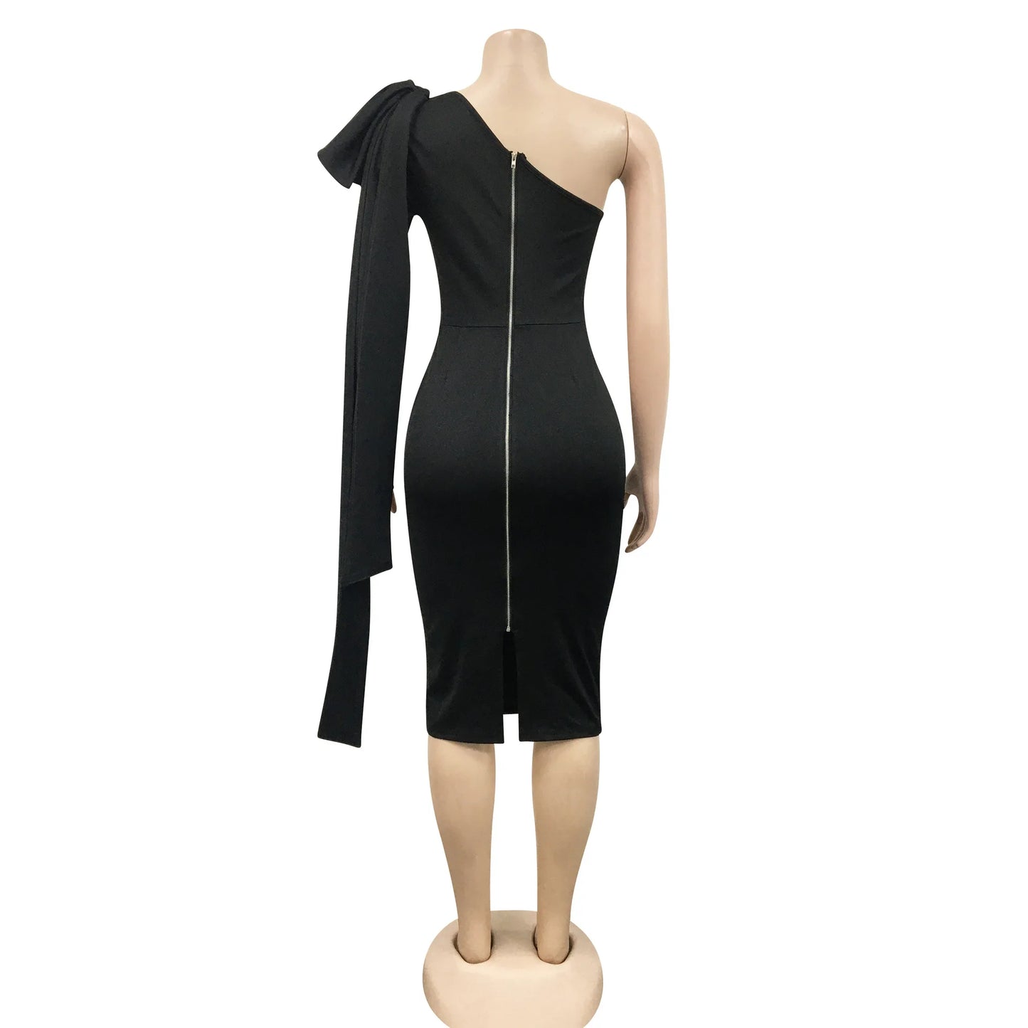 CMYAYA Women One Shoulder Skew Neck Bow Splicing One Long Sleeve Bodycon Midi Dress 2022 Sexy Party Prom Evenging Summer Dresses
