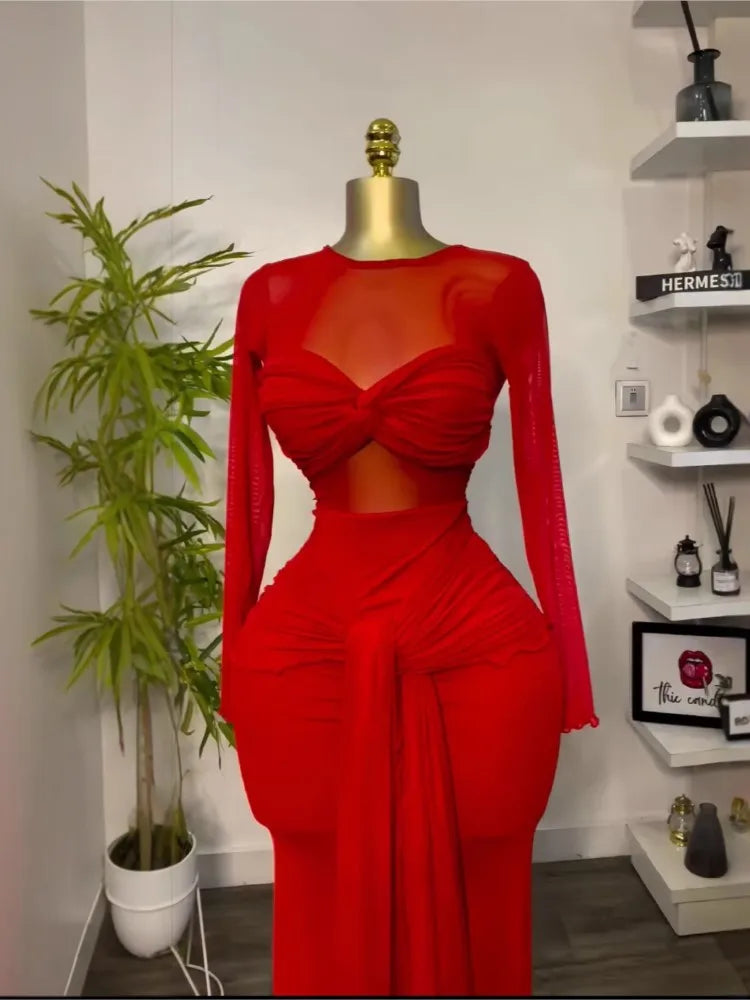 New Women's Long Dresses Sexy Round Neck Full Sleeve High Waist Elegant Splice Bodycon Evening Vestidos Maxi Party Night Dress