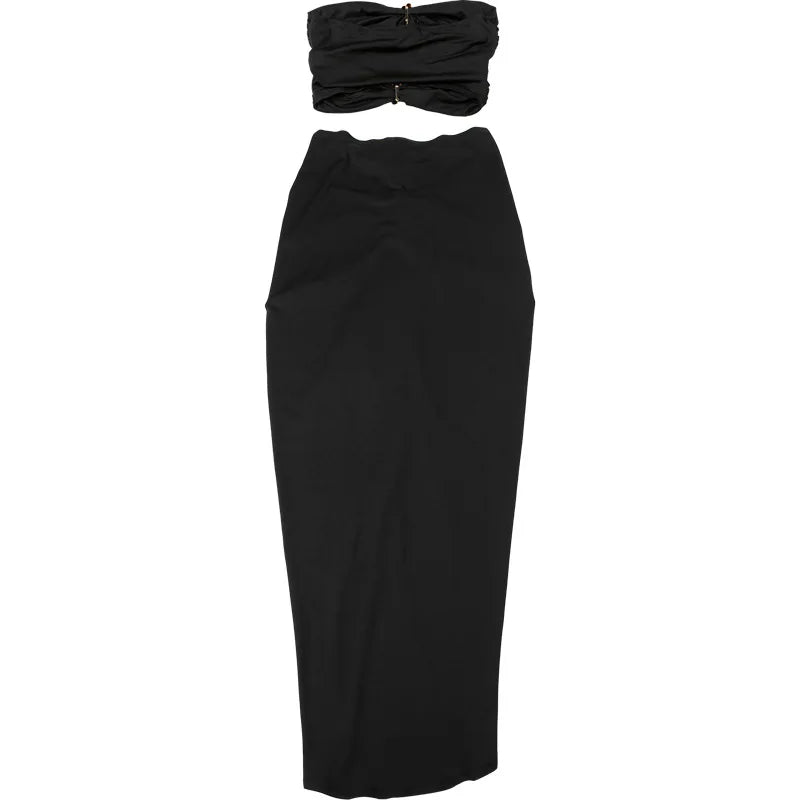 VEITCHE Summer Women Hollow Metal Buckle 2 Piece Skirt Sets Sexy Ruche Tops And Split Maxi Skirt Matching Clubwear Outfits