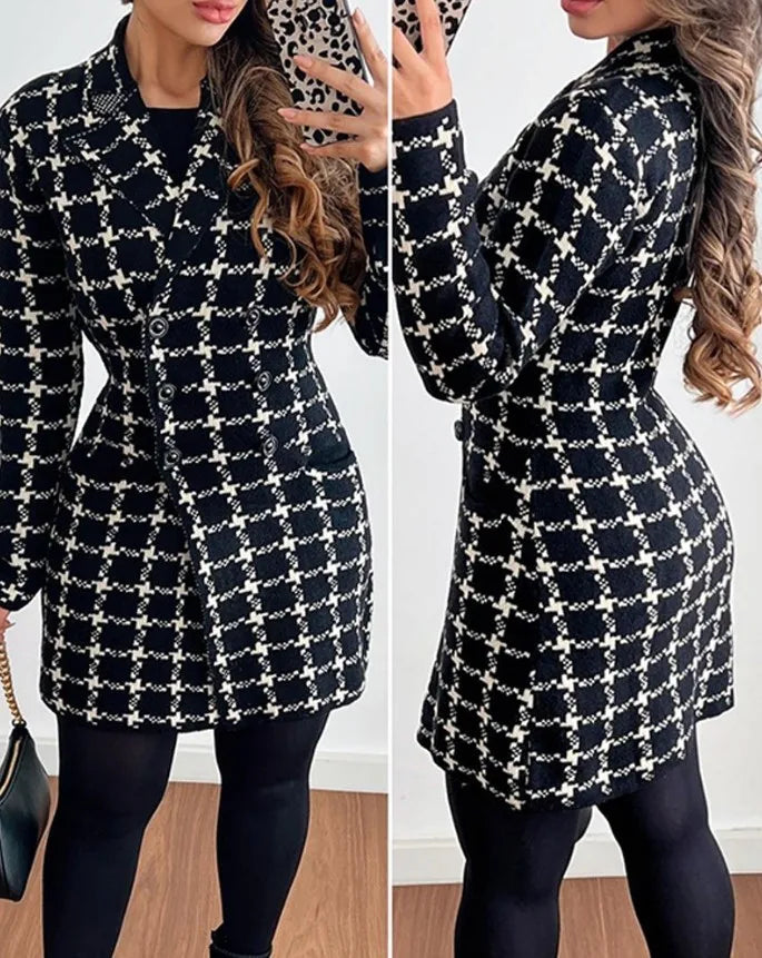 Jackets for Women Autumn Fashion Plaid Print Double breasted Elegant Polo Collar Long Sleeve Medium Length Blazer Coat
