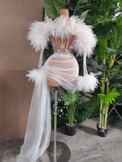 White Purple Women Sexy Strapless Mesh Ruffles 2 Pieces Bodycon Mini Dress See Through Celebrate Nightclub Party Birthday Wear