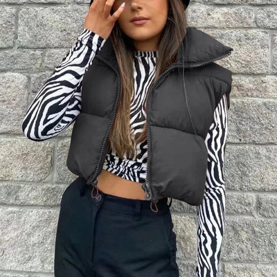 Autumn And Winter Women's Short Cotton Down Vest Short Stand-up Collar Warm Sleeveless Quilted Vest Outdoor Travel Jacket Tops - MAGUSTA BEAUTY