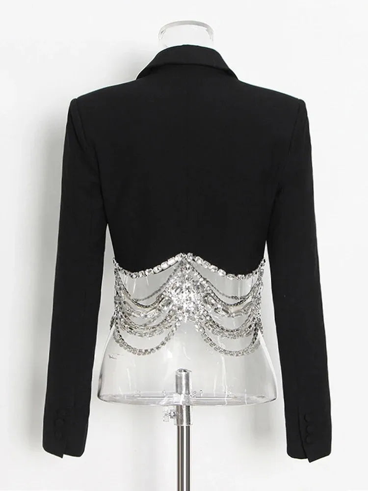 TWOTWINSTYLE Solid Casual Patchwork Diamonds Chain Slim Blazer For Women Notched Collar Long Sleeve Temperament Blazers Female