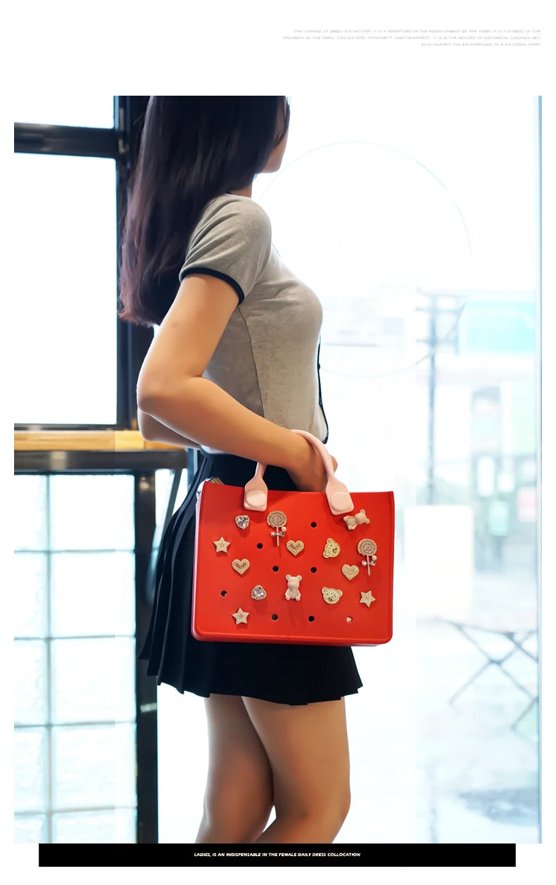 EVA Large Leather Shoulder Bag Handbag Tote Bag Storage for Women Casual Waterproof Beach Bag Hole Fit Charm Fashion Storage Bag