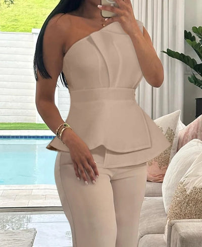 2 Piece Sets Women Outfit Sexy One Shoulder Ruched Top & Casual Straight Leg Pants Suits for Female Spring 2024 Fashion New