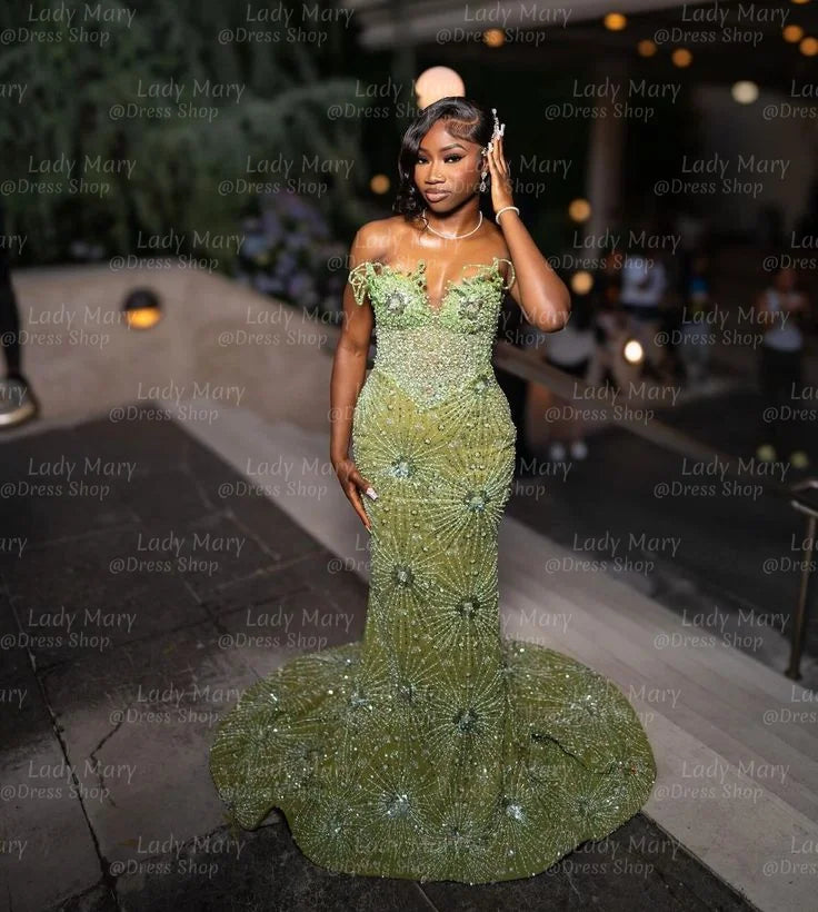 Gorgoues Green Prom Dresses 2025 Luxury Beading Mermaid Girl Party Dress Long  Aso Ebi Birthday Graduation Gowns Customized