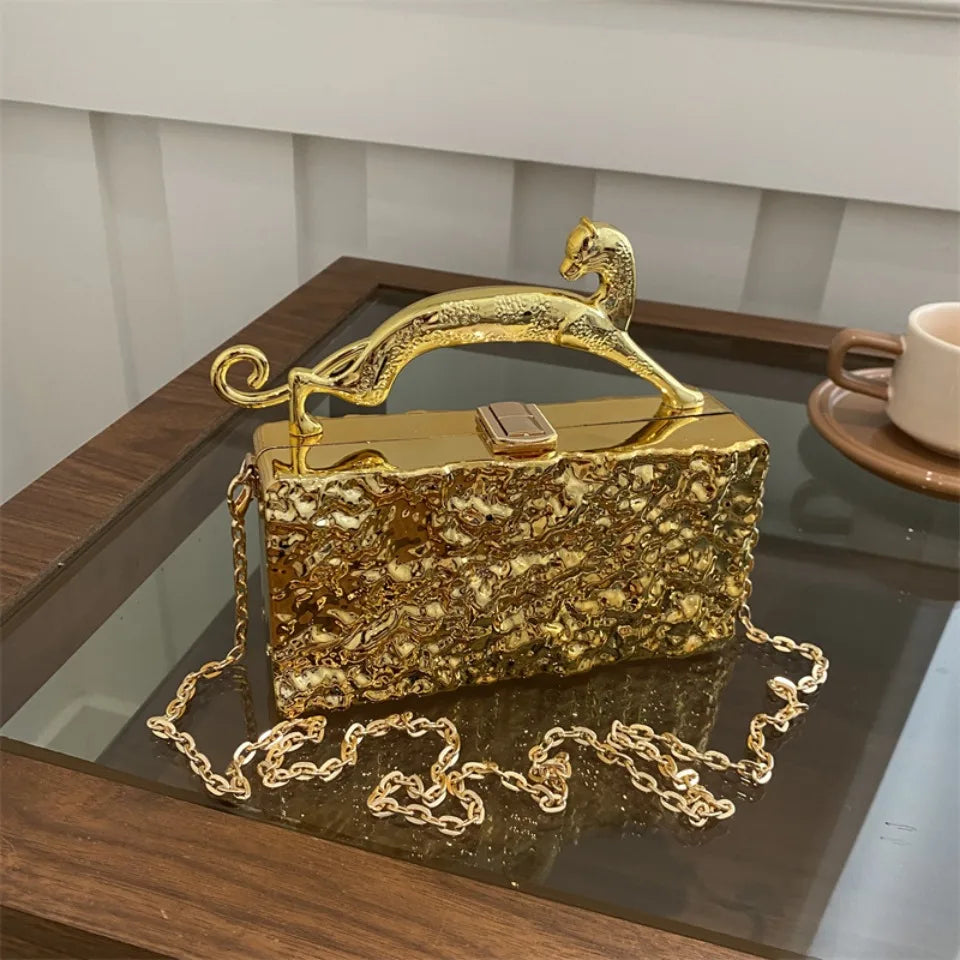 Leopard handle Luxury Gold Silver Party Evening Bag For Women Chain Clutch Handbags And Purses Mini Crossbody Shoulder Phone Bag