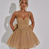 Fantoye Glitter Bright Silk Sparkling Bow Women Dress Apricot Spaghetti Strap Mini Dress Female Spring Slim Elegant Party Dress