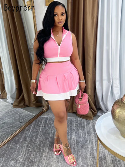 Beyprern Cute Girls Zipper Front Crop Top And Ruffles Skirt Set Summer Tracksuits Set Two Piece Dress Sporty Tennis Active Set