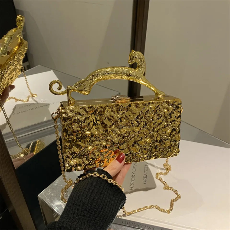 Leopard handle Luxury Gold Silver Party Evening Bag For Women Chain Clutch Handbags And Purses Mini Crossbody Shoulder Phone Bag