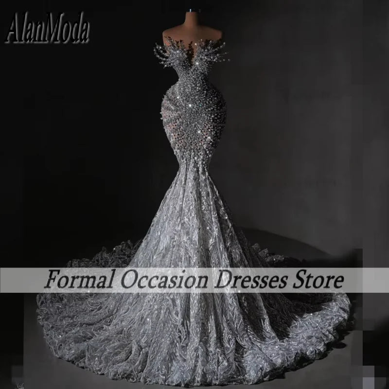 Luxury Lace Wedding Dresses Crystal Pearls See Through Princess Bridal Gowns Arabic Dubai Bata Novia Customized