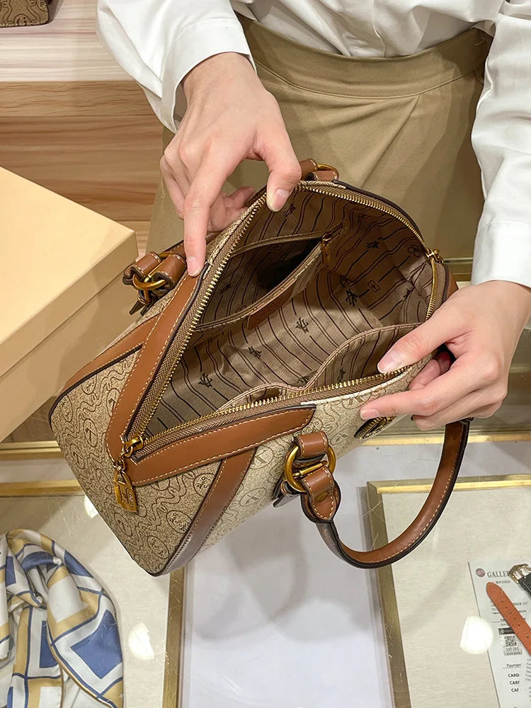 Khaki Retro Leather Women's Handbag Fashion Geometric Floral Girls Shoulder Bag Hundred Splicing Color Collision Girls Crossbody