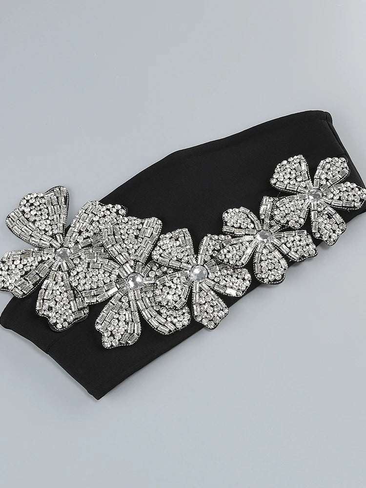 Sexy Long Sleeves Bandage 2-Piece Sets Women Turtleneck Shiny Diamonds Flower Top + Bodycon Mini  Skirts Suits Evening Party Set