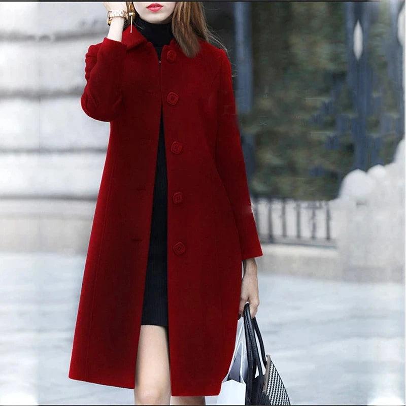 New Fashion British Solid Button Wool Coat Women Long Sleeve Jackets Woman Elegant Pocket Slim Outfit Mujer - MAGUSTA BEAUTY