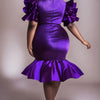Plus Size Cocktail Party Purple Round Neck Puff Sleeve Half Sleeve Ruffle Glitter Midi Dresses