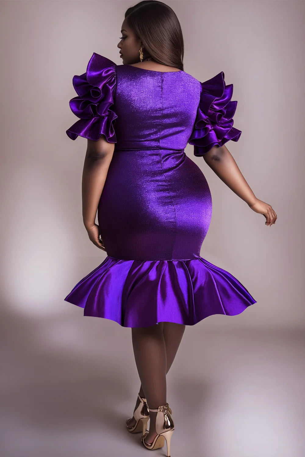 Plus Size Cocktail Party Purple Round Neck Puff Sleeve Half Sleeve Ruffle Glitter Midi Dresses