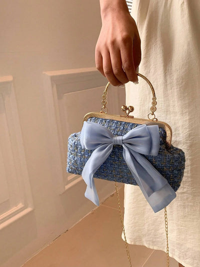 Glittering Chain Plaid Pattern Evening Bag For Women Bow Decor Shoulder Bag, Fashionable Elegant Clutch, Women‘s Crossbody Bag