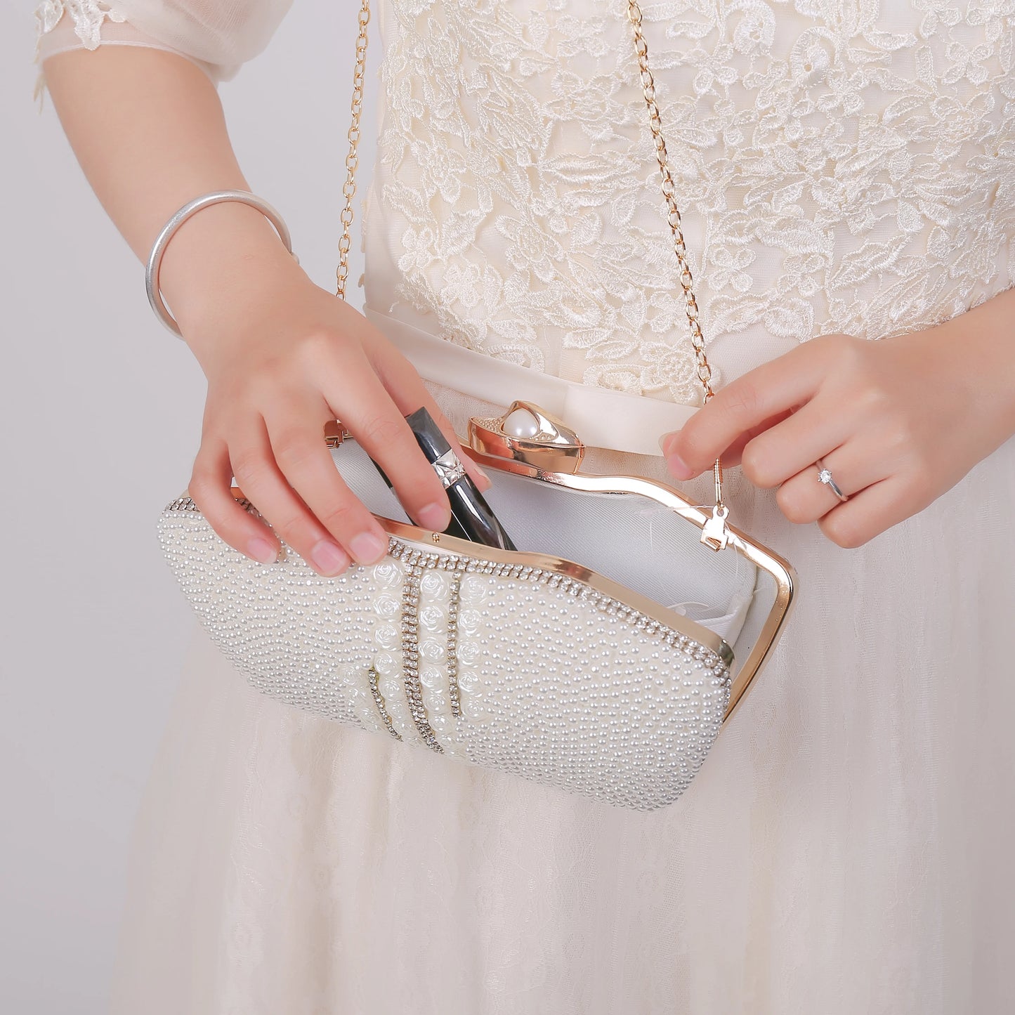 rhinestone evening bags Chain Clutch Bag Set with Diamond Pearl One Shoulder for Evening Wedding Party Dresses Made Crystal