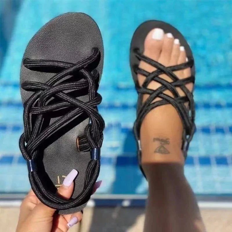 Large size women sandals 2022 summer flat women's shoes hemp rope set foot beach sandals outdoor all-match casual slippers