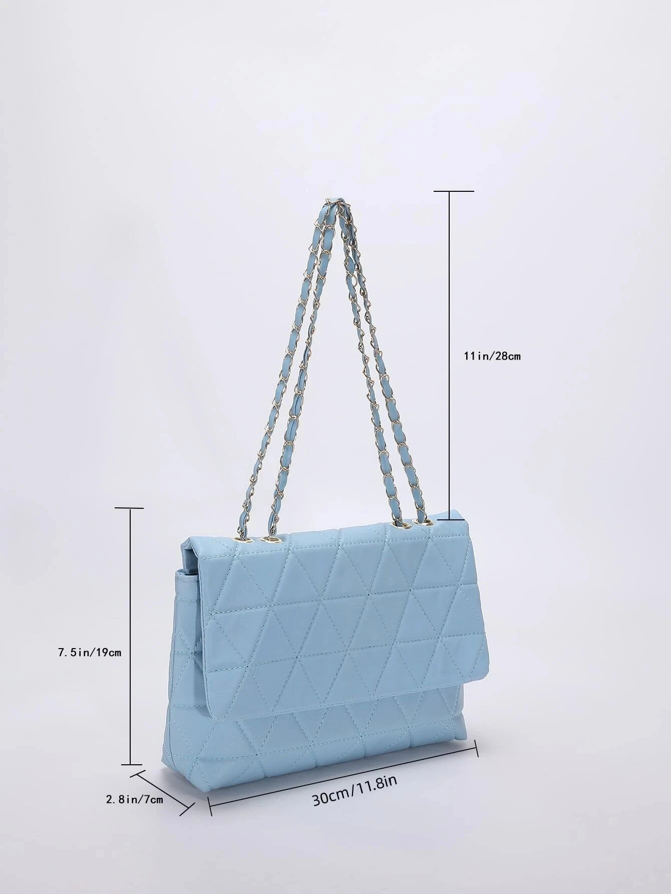 Fashion Blue Pu Flap Bag Golden Large Capacity Niche Geometric Handbag Women's Bag Embroidery Thread Metal Chain Shoulder Bag