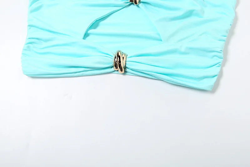 VEITCHE Summer Women Hollow Metal Buckle 2 Piece Skirt Sets Sexy Ruche Tops And Split Maxi Skirt Matching Clubwear Outfits