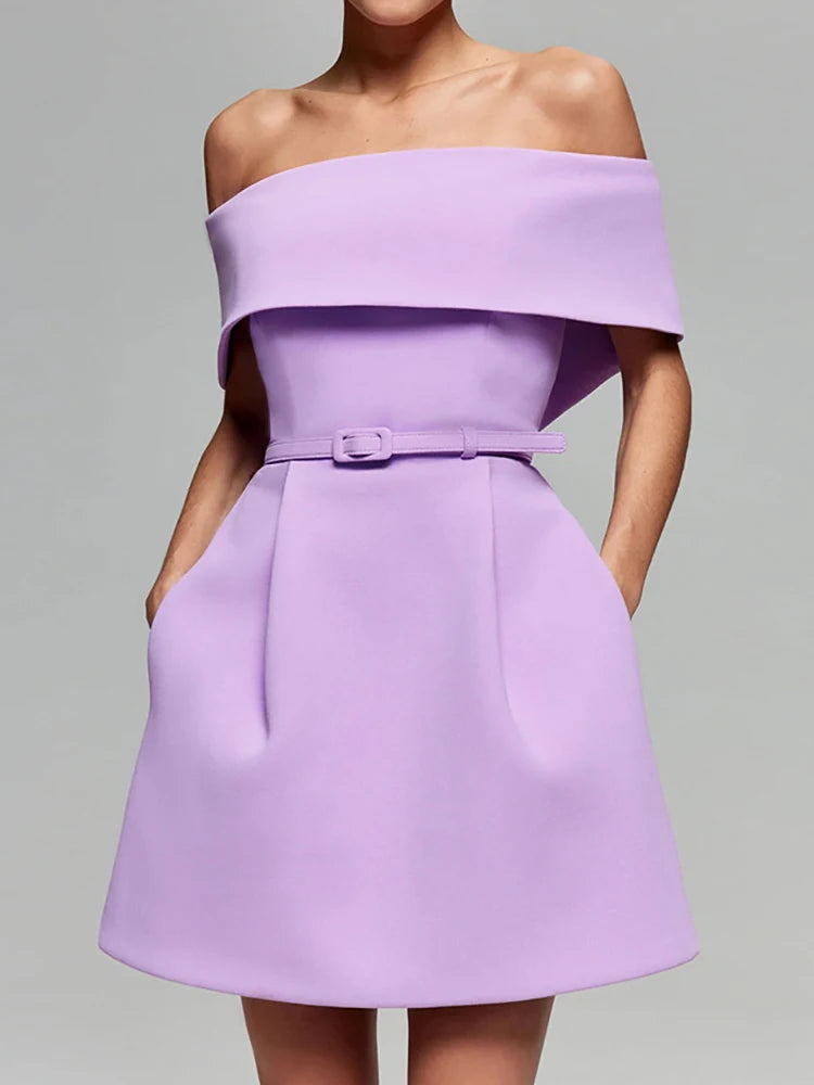 Women Belt Patchwork Short Sleeve Mini Dress, Spring Summer Fashion Slash Neck Party Dress, Solid Off The Shoulder Ladies Dress