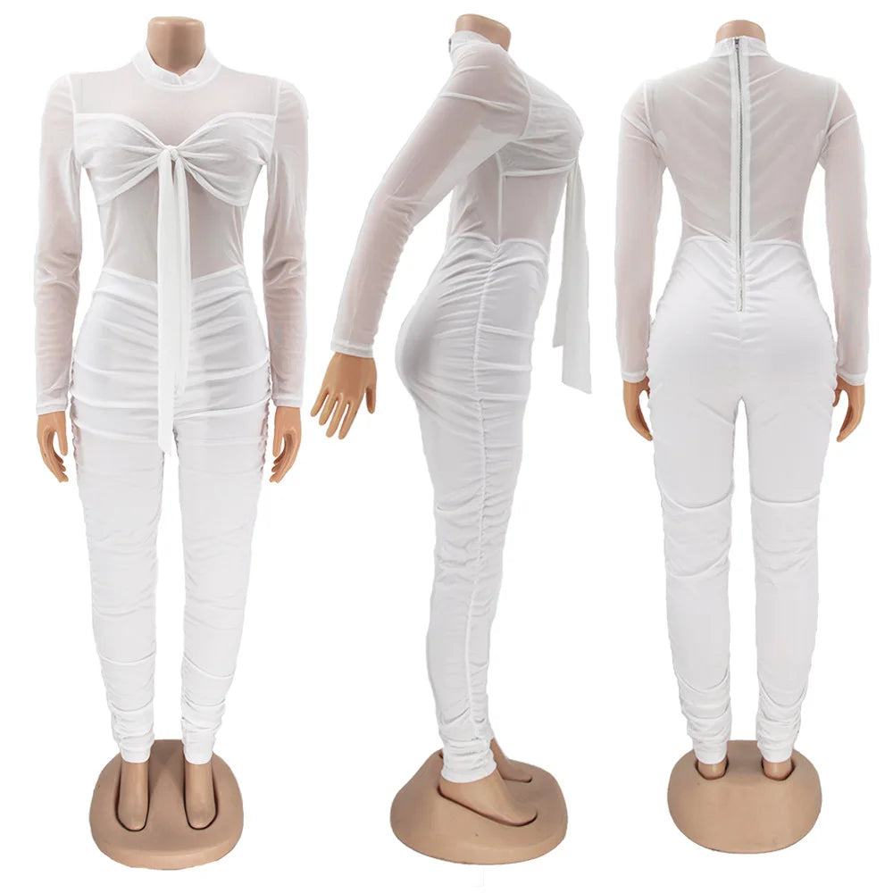Sexy Mesh Patchwork Jumpsuits for Women Elegant Long Sleeve Bandage One Piece Party Long Bodysuit