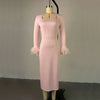 New Arrival Women Sexy High Waisted Long Sleeve Feather Trim Split Bandage Dress OL 2025 Elegant Evening Club Party Dresses