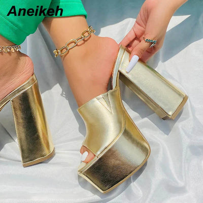 Aneikeh 2025 New Fashion Open Toe Platform High Heel Women Summer Mules Slip-On Outdoor Slippers Sandals Size 35-42 Silver Gold