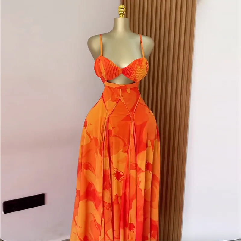 CM.YAYA Women Floral Printed Strap Backless Bra Front Big Swing Maxi Long Dress 2025 Vintage Sexy Club Party Evening Dresses