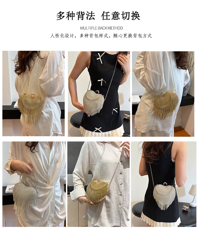 Rhinestone Evening Bag Heart Pattern Silver Handbag Womens Diamond Tassel Banquet Clutch And Purse Wedding Bridal Prom Wallets
