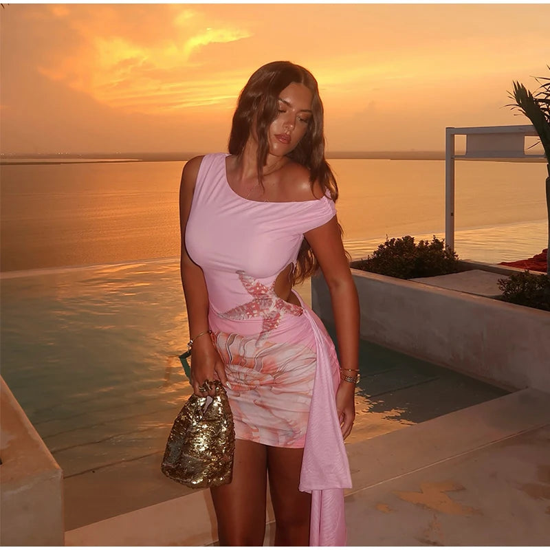 Chic Print Tassel Mini Dress Women Hollow Biased Collar Sheath High Stretch Pleated Beach Dresses 2025 Summer Bodycon Vestidos