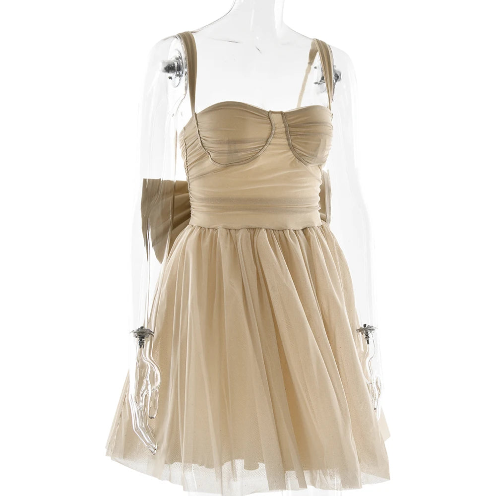 Fantoye Glitter Bright Silk Sparkling Bow Women Dress Apricot Spaghetti Strap Mini Dress Female Spring Slim Elegant Party Dress