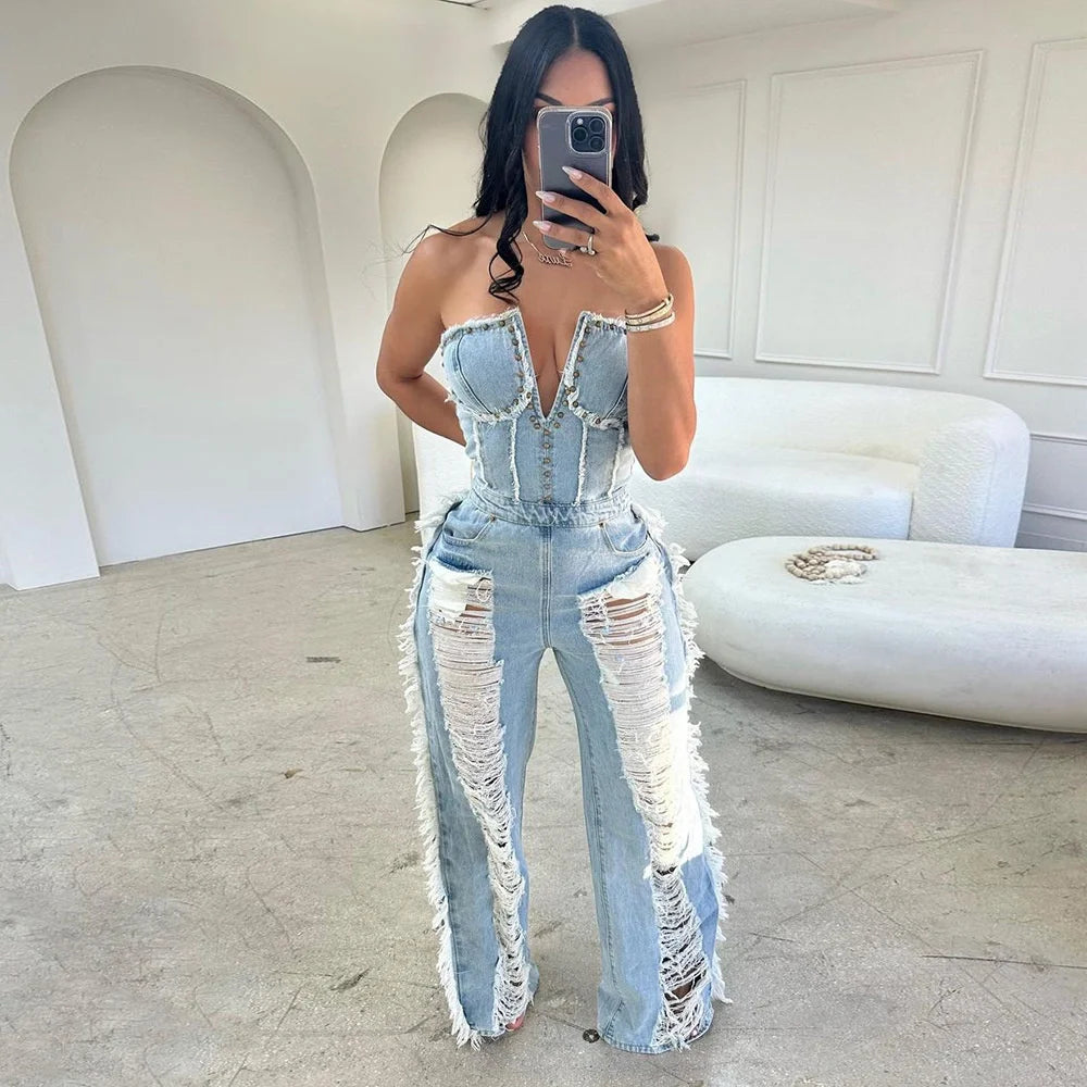 Sibybo Tassel Hollow Out  Overalls For Women Studded Diamond Strapless Backless Jeans Street Fashion Trend Jumpsuite Femme
