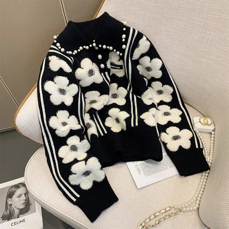 Pearl Beading Floral Knitted Women Sweater Tops 2023Autumn Winter Vintage Elegant Ladies Pullover Long Sleeve Fashion Jumpers