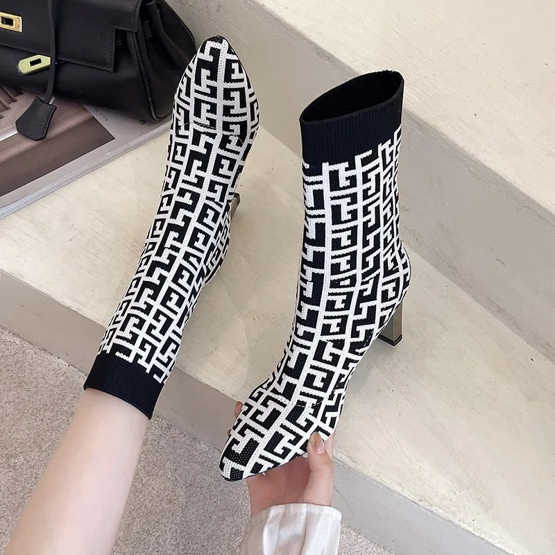 2022 New Winter Women's Shoes Knitted Mid-calf Socks Boots Pointed Toe Stiletto Elastic Designer Women's Boots 35-40