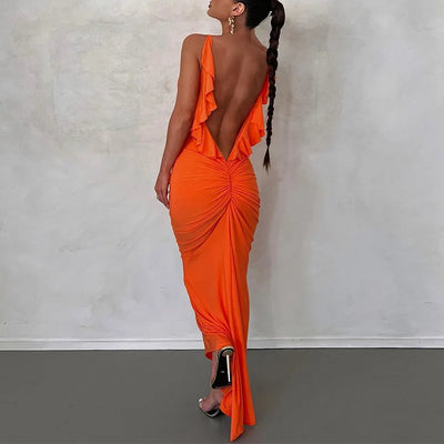 Ruffles Backless Sheath Bodycon Maxi Dresses Party Sleeveless Camisole Robe Femme V Neck Summer Dress Woman Sexy Vestidos Mujer