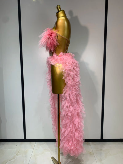 Women Sexy Strapless Ruffles two Pieces Set Bodycon Long Dress High Split Fashion Nightclub Party Birthday  Singer Stage Outfit