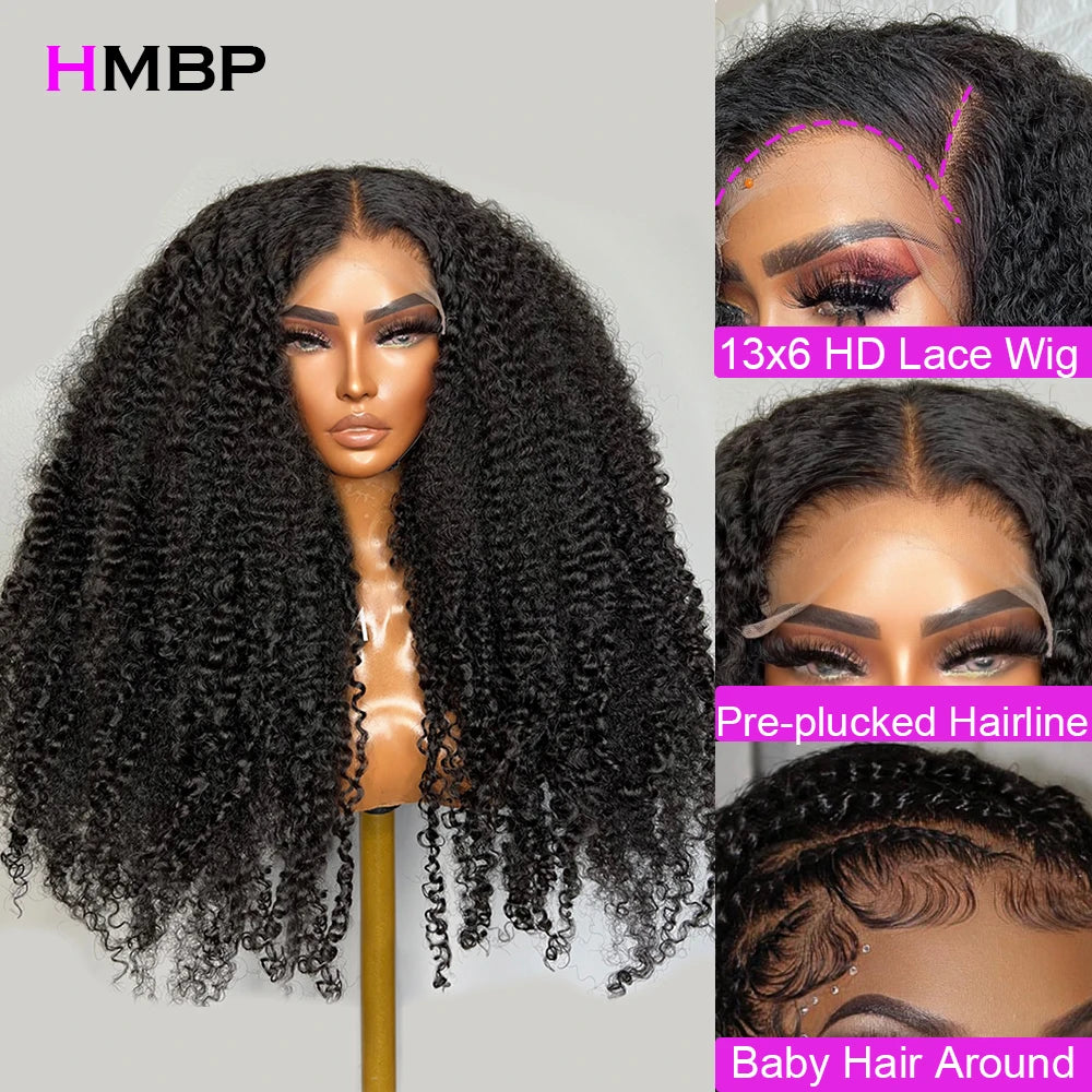 250 Density 13x6 HD Lace Frontal Wig Kinky Curly Glueless Preplucked Human Wigs Ready To Go Brazilian Wigs 100 % Remy Human Hair