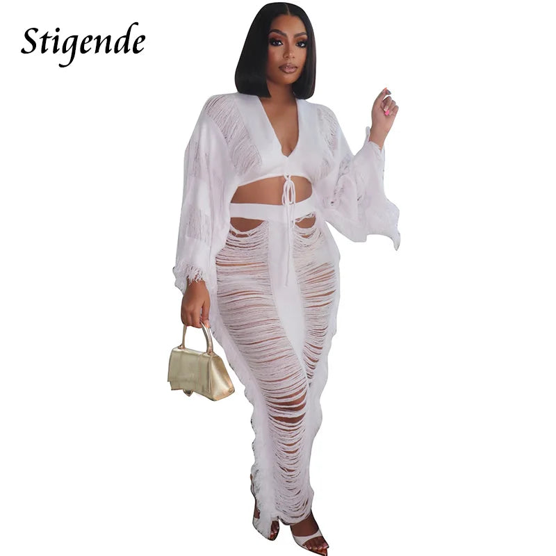 Women Summer Beach 2 Piece Skirt Set Long Sleeve Crop Top and Maxi Skirt Crochet Swimwear Fringe Tassel Hollow Out Loose Outfits