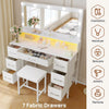 Vanity Desk with Mirror and Lights, Makeup Vanity with Upholstered Vanity Stool, 7 Fabric Drawers, 9 Dimmable LED Bulbs, Vanity