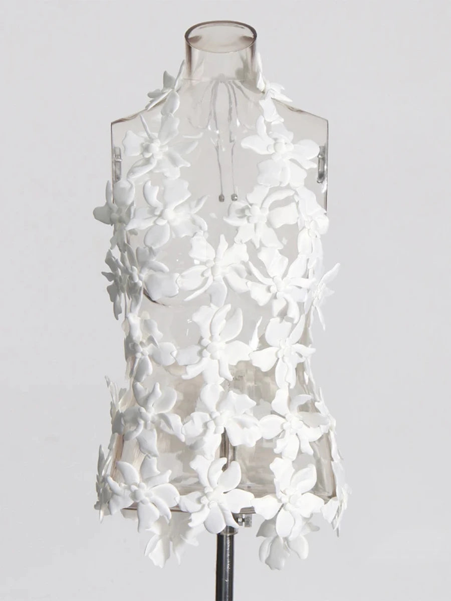 VGH Spliced 3D Flower Cutout Sexy Vest for Women Halter Sleeveless Backless Off Shoulder Patchwork Lace Up Summer Top Female new